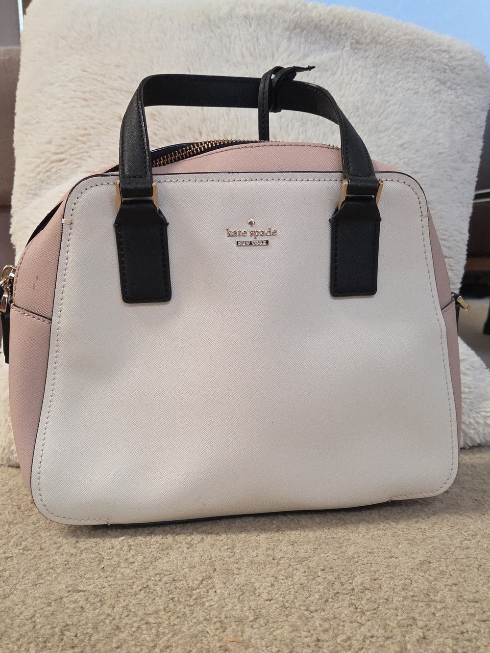 kate spade Leather Pink and White Dome Satchel Purse with Black Handles